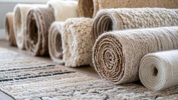 Elegant Rolled Rugs Beige Textures for Home Interior Design, Soft Carpets with Decorative Patterns, Cozy Fabric for Warm, Stylish Flooring Elements photo