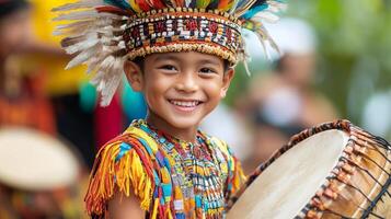 Vibrant Culture A Young Boy's Joyful Performance in Traditional Attire, Celebrating Heritage with Music and Dance at a Festive Event photo
