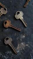 Unlock the Past A Collection of Vintage Keys on Dark Stone, Perfect for Security, Access, and Nostalgia-Themed Projects and Designs photo