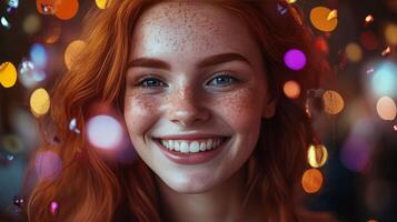 Radiant Redhead A Portrait of Freckled Beauty with a Captivating Smile Amidst a Symphony of Bokeh Lights, Exuding Youthful Charm and Natural Grace photo