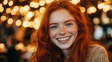 Radiant Redhead A Captivating Portrait of a Smiling Woman with Freckles, Red Hair, and Sparkling Eyes Bathed in Golden Light photo