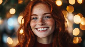 Radiant Redhead A Portrait of Beauty, Freckles, and a Captivating Smile. A beautiful woman with ginger hair, freckles, and a warm, inviting smile. photo