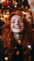 Radiant Redhead A Portrait of Joyful Beauty with Freckles, Sparkling Eyes, and a Captivating Smile Amidst Festive Bokeh Lights Celebration photo