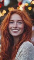 Radiant Redhead A Portrait of Beauty, Freckles, and a Warm Smile in Natural Light, Capturing Youthful Elegance and Genuine Joy photo