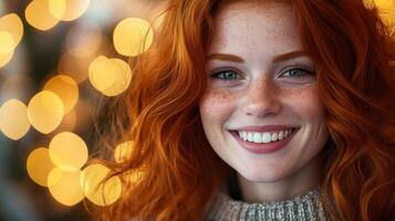 Radiant Redhead A Captivating Portrait of Beauty, Freckles, and a Warm Smile Amidst Festive Lights and Bokeh, Exuding Elegance and Youthful Charm photo