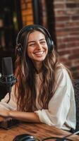 Radiant Podcaster A Smiling Woman's Voice Broadcasting Live from the Studio with Headphones and Microphone, Creating Engaging Online Content photo