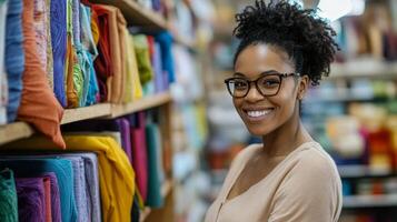 Smiling Woman Surrounded by Colorful Fabrics on Shelves in a Textile Store, Capturing the Essence of Retail and Fashion with a Diverse Selection photo