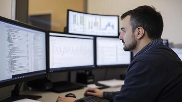 Man Analyzing Data on Multiple Computer Screens A Deep Dive into Business Analytics, Software Development, and Innovative Technology in the Modern Workplace photo