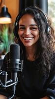 Radiant Podcaster A Smiling Woman Broadcasting with Headphones and Microphone in a Modern Studio for Captivating Audio Content photo