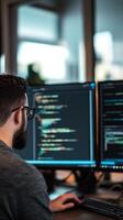 Focused Programmer Coding on Dual Monitors Software Development, Data Analysis, and Innovative Solutions in a Modern Tech Workspace photo