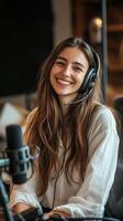 Radiant Podcaster A Smiling Woman with Headphones in Studio, Broadcasting Live with Professional Audio Equipment and Modern Technology for Online Content photo