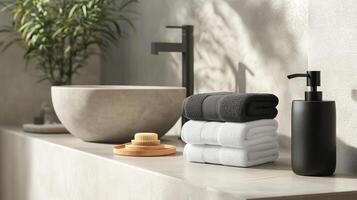 Serene Bathroom Still Life Modern Sink, Stacked Towels, and Elegant Soap Dispenser for a Clean and Luxurious Home Interior Design Aesthetic photo