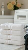 Freshly Stacked White Towels in a Serene Laundry Setting, Alongside Delicate Roses and Modern Appliances, Evoking a Sense of Cleanliness and Comfort photo