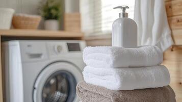 Crisp Laundry Day Stacked Towels and Soap Dispenser Near Washing Machine, Showcasing Cleanliness and Comfort in a Modern Home Interior photo