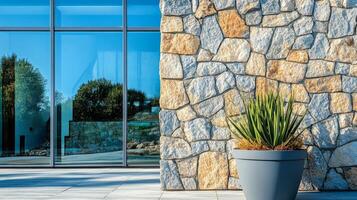 Elegant Stone Wall Exterior with Modern Glass Reflection and Plant, Showcasing Architectural Design and Natural Texture for Stylish Building Facade photo