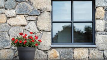 Stone Wall Window with Red Flowers A Blend of Nature and Architecture in a Harmonious Exterior Design, Evoking Timeless Beauty and Serene Charm photo