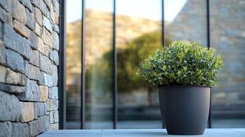 Verdant Still Life A Potted Plant Against a Stone Wall, a Symphony of Textures and Minimalist Design, Where Nature Meets Architecture in Serene Harmony photo