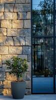 Architectural Stone Wall with Modern Window and Potted Plant A Blend of Texture, Design, and Natural Elements for a Contemporary Home Exterior photo