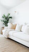 Elegant Home Interior White Sofa, Cozy Blanket, and Green Plant for a Relaxing and Minimalist Living Space with Bright and Clean Design Elements photo