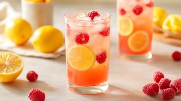 Iced Raspberry Lemonade A Refreshing Summer Drink with Fresh Raspberries and Lemon Slices for a Delicious and Healthy Beverage photo