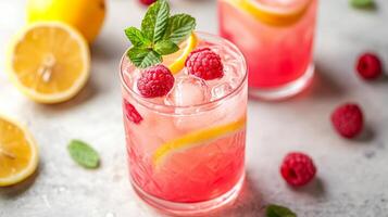 Refreshing Raspberry Lemonade A Zesty Summer Cocktail with Fresh Raspberries, Lemon Slices, and Mint Garnish for a Delicious and Refreshing Treat photo