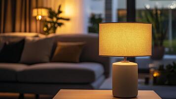 Illuminating Serenity A Modern Lamp Radiating Warmth in a Cozy Home Interior for Relaxing Evenings and Stylish Living Room Design photo