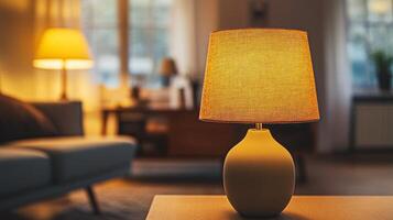 An elegant living room with cozy ambient lighting, where a table lamp and floral decor create a welcoming atmosphere photo