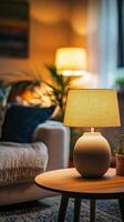 A sophisticated living space with a table lamp and floral arrangement, setting a cozy mood with ambient lighting in a contemporary design photo