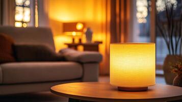 A modern home interior bathed in gentle ambient lighting, with a table lamp and fresh flowers adding elegance and comfort photo