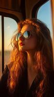 Golden Hour Gaze A Woman's Serene Journey in Retro Sunglasses, Bathed in Sunset Light, Reflecting Elegance and Nostalgia During a Tranquil Travel photo