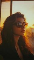 Golden Hour Serenity A Woman's Gaze in Sunglasses Reflecting the Sunset's Warmth, Capturing a Moment of Beauty, Style, and Tranquil Reflection photo
