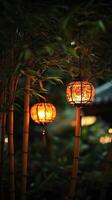 Enchanting Lanterns Aglow A Symphony of Light and Shadow in a Tranquil Oriental Garden at Twilight, Infusing Festive Charm and Traditional Beauty photo