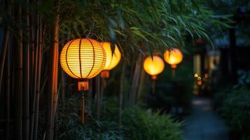 Softly illuminated lanterns in a bamboo grove, enhancing the tranquil beauty of a zen garden under the night sky photo