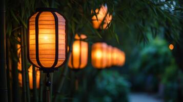 A serene night scene with lanterns glowing softly in a bamboo grove, perfect for creating a calm, zen-like ambiance photo