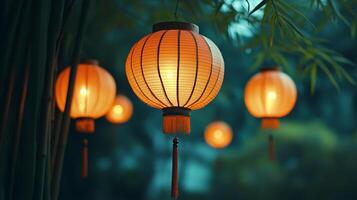 A luminous dance of lanterns lighting up the bamboo garden with a captivating glow photo