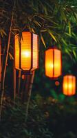 Enchanting lanterns glowing softly in a bamboo garden, creating a magical atmosphere photo