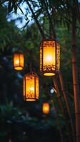 Enchanting Lanterns A Warm Glow Amidst Bamboo Foliage, Illuminating the Night with Tranquility and Elegance, Evoking a Sense of Oriental Serenity photo