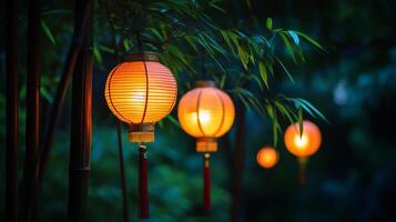 Mesmerizing lanterns casting a soft glow in the bamboo garden, creating an enchanting atmosphere photo