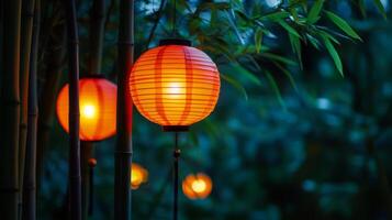 Glowing Lanterns Amidst Bamboo A Cultural Night Scene with Traditional Asian Paper Lanterns Illuminating the Twilight Garden with Vibrant Light photo