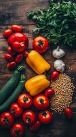 Vibrant Fresh Vegetables Tomatoes, Peppers, Zucchini, Garlic, and Parsley on Rustic Wooden Table - A Healthy and Organic Culinary Still Life photo