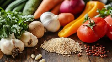 Vibrant Still Life Fresh Vegetables, Garlic, Tomato, and More on a Rustic Wooden Table for Healthy Cooking and Culinary Inspiration photo