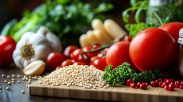 Fresh Culinary Ingredients Tomatoes, Garlic, Parsley, Quinoa for Healthy Eating and Delicious Recipes on a Wooden Table, a Still Life of Culinary Art photo