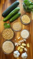 Culinary Still Life Fresh Zucchini, Couscous, Basil, and Garlic on Wooden Table for Healthy Cooking and Vegetarian Cuisine Preparation photo