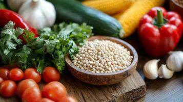 Fresh Vegetables Still Life A Vibrant Display of Healthy Ingredients for Culinary Creations, Featuring Couscous, Parsley, Tomatoes, and More photo