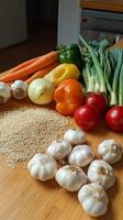 Vibrant Vegetables and Quinoa A Colorful Medley of Fresh Ingredients for Healthy Cooking, Culinary Delights and Wholesome Nutrition on a Rustic Table photo