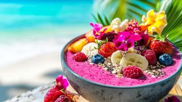 Exotic Smoothie Bowl on Tropical Beach A Vibrant Blend of Fresh Fruits, Flowers, and Granola for a Healthy and Refreshing Start to Your Day photo
