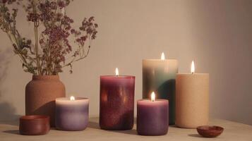 Serene Still Life Lit Candles, Vase, and Flowers in a Cozy Home Decor Setting for a Relaxing and Aromatic Ambiance photo