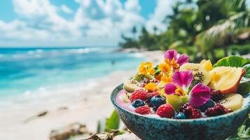 Tropical Beach Breakfast Bowl A Vibrant Mix of Fruits and Flowers on a Sunny Shore, Perfect for a Healthy and Delicious Start to Your Island Getaway photo