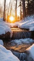 Enchanting Winter Stream A Snowy Cascade in a Forest Landscape Bathed in Golden Sunlight, Featuring Ice Formations and Tranquil Scenery photo