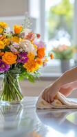 Refreshing Home Cleaning Marble Table with Flowers in Vase A Bright Bouquet, Clean Surface, and a Touch of Spring in a Modern Interior Design photo